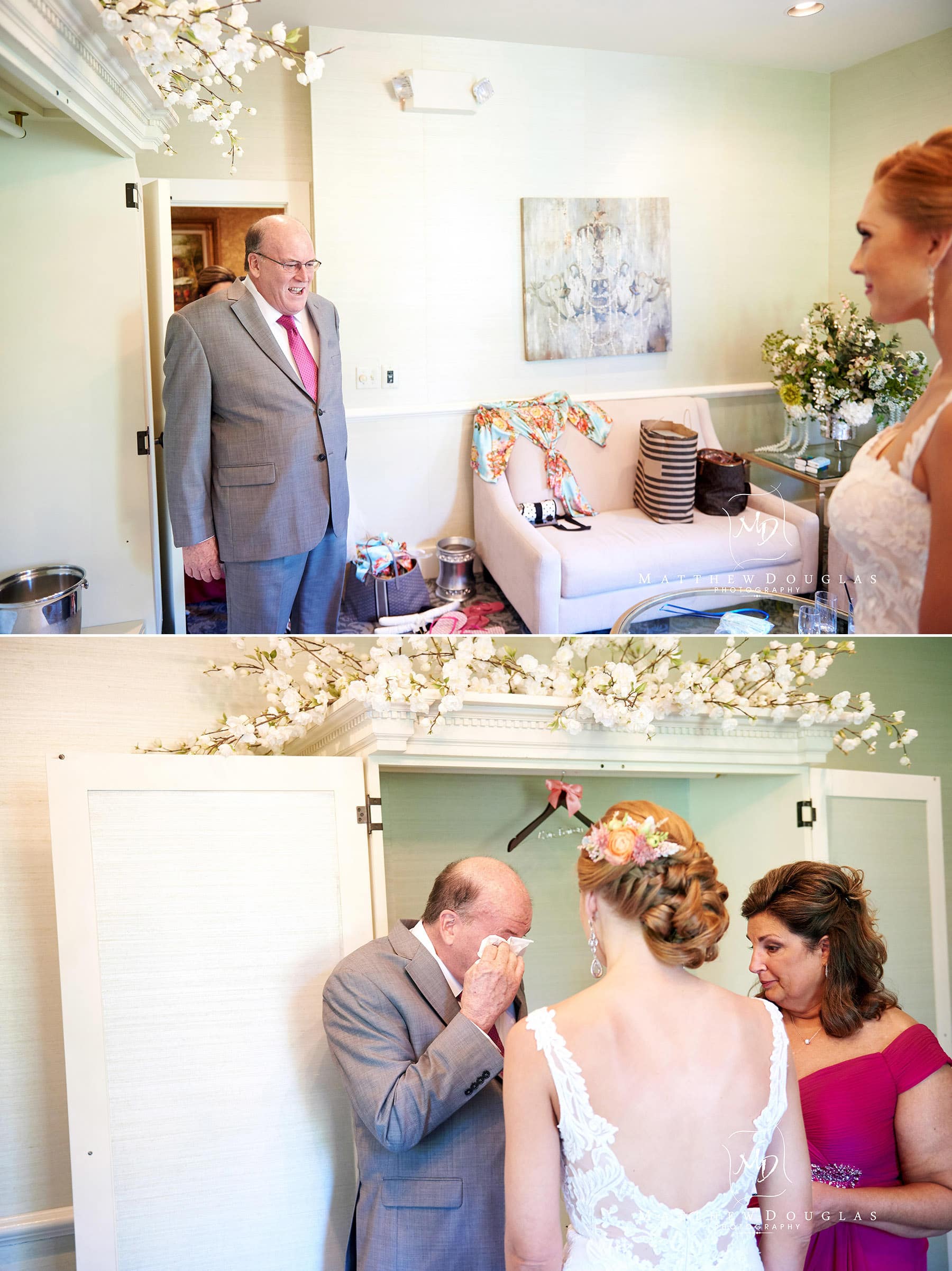 dad seeing bride for the first time on her wedding day at The Farmhouse at The Grand Colonial