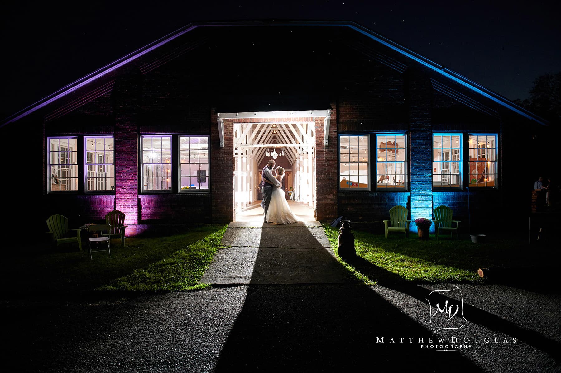 nighttime wedding portrait at brady life camp