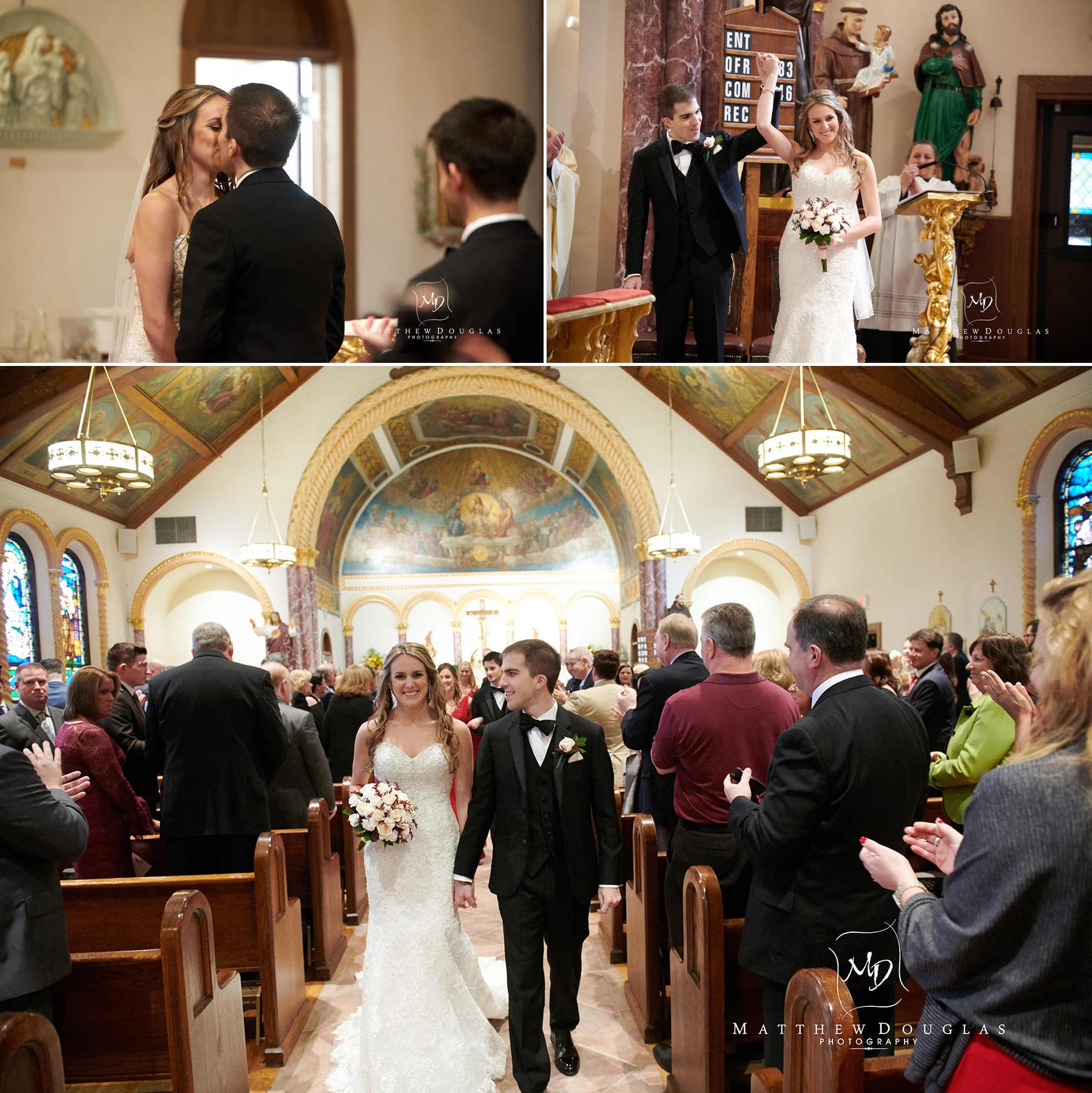 first kiss and church exit wedding photo