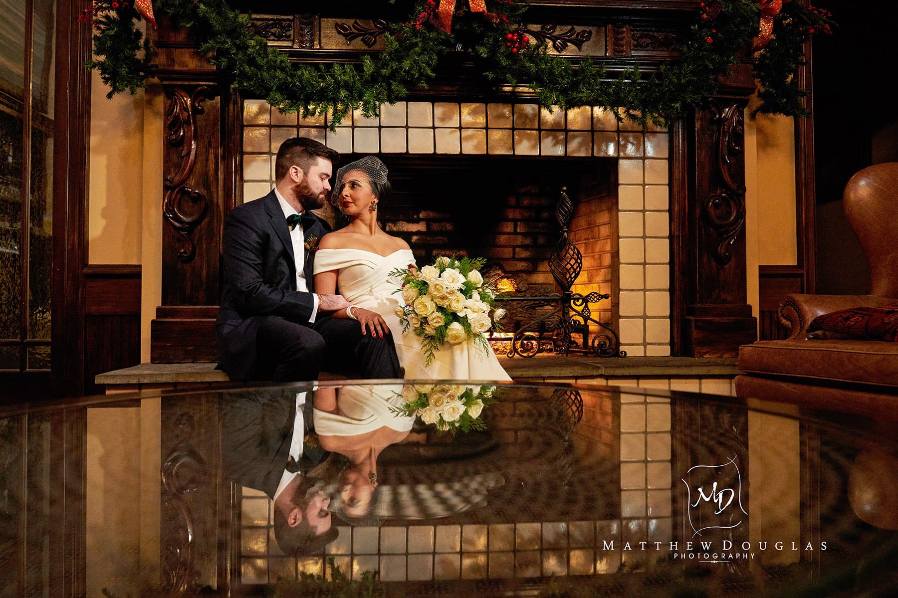 lambertville station inn wedding photo by the fireplace
