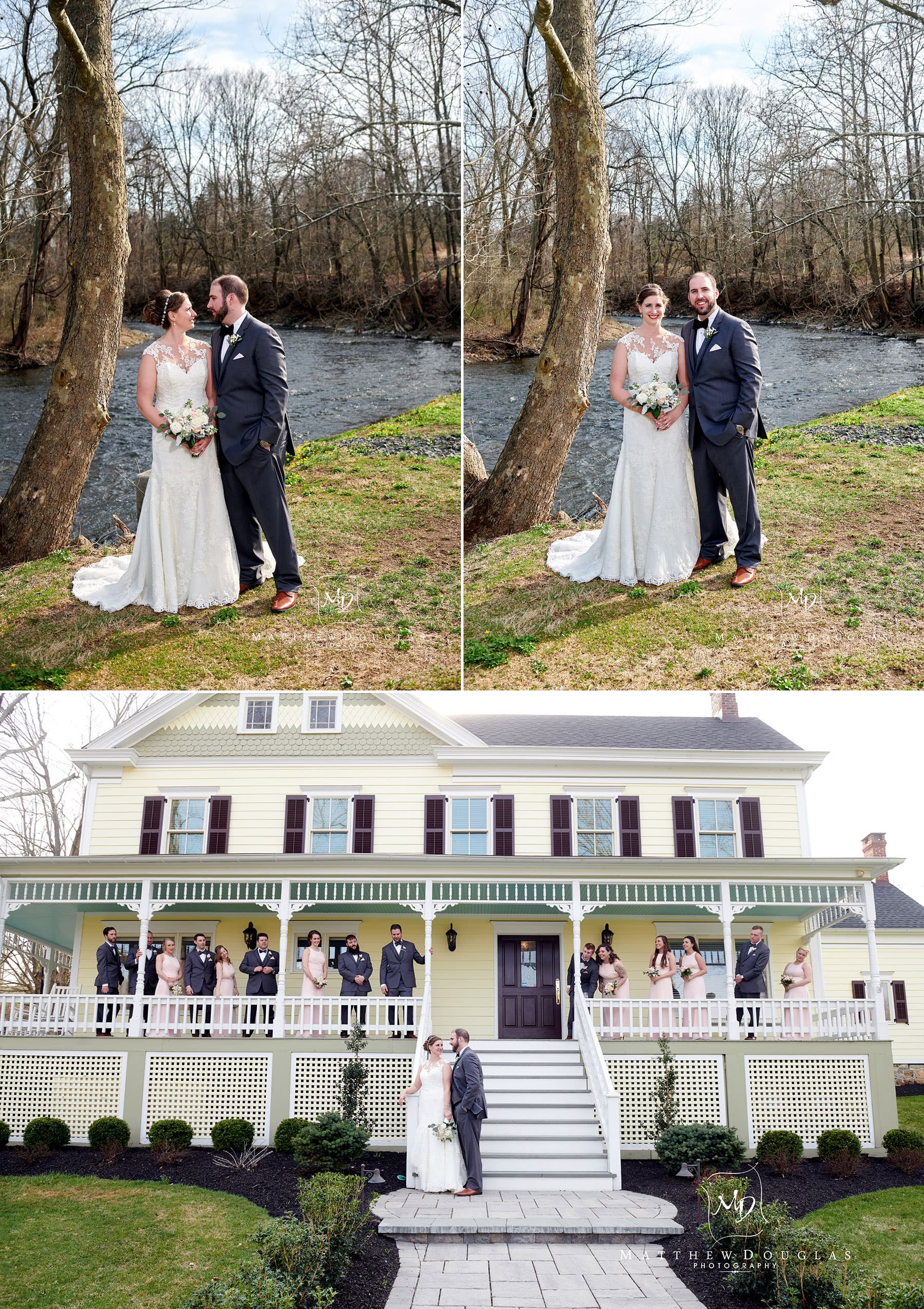 bride and groom by the river bank