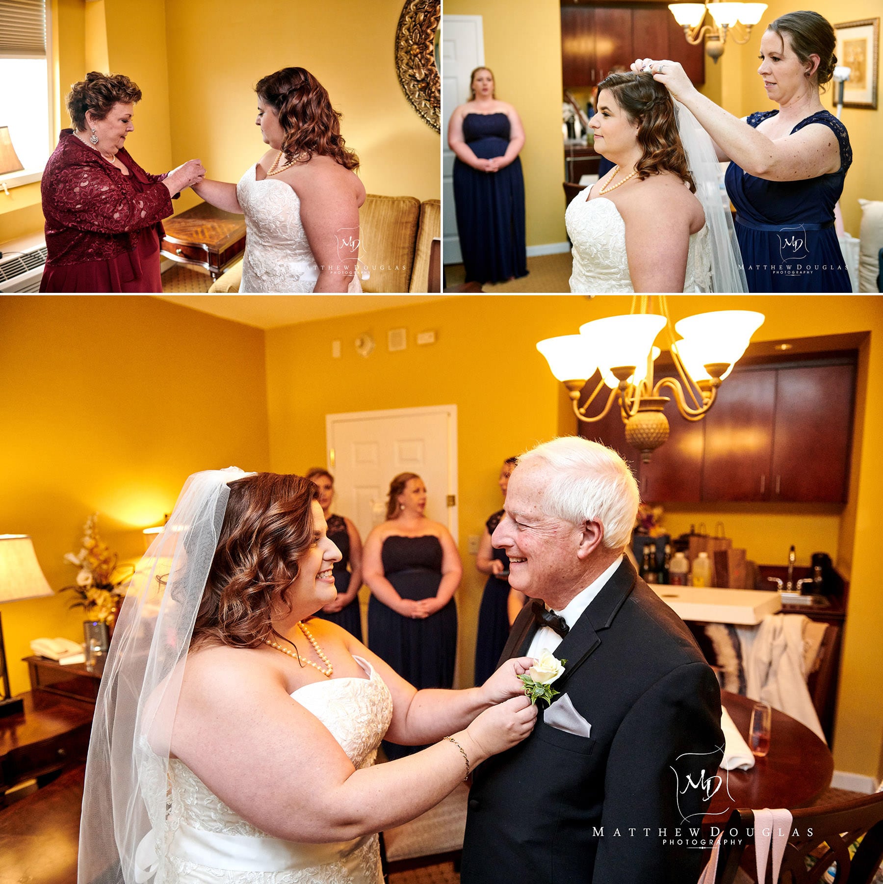 bride getting dressed at Nassau Inn