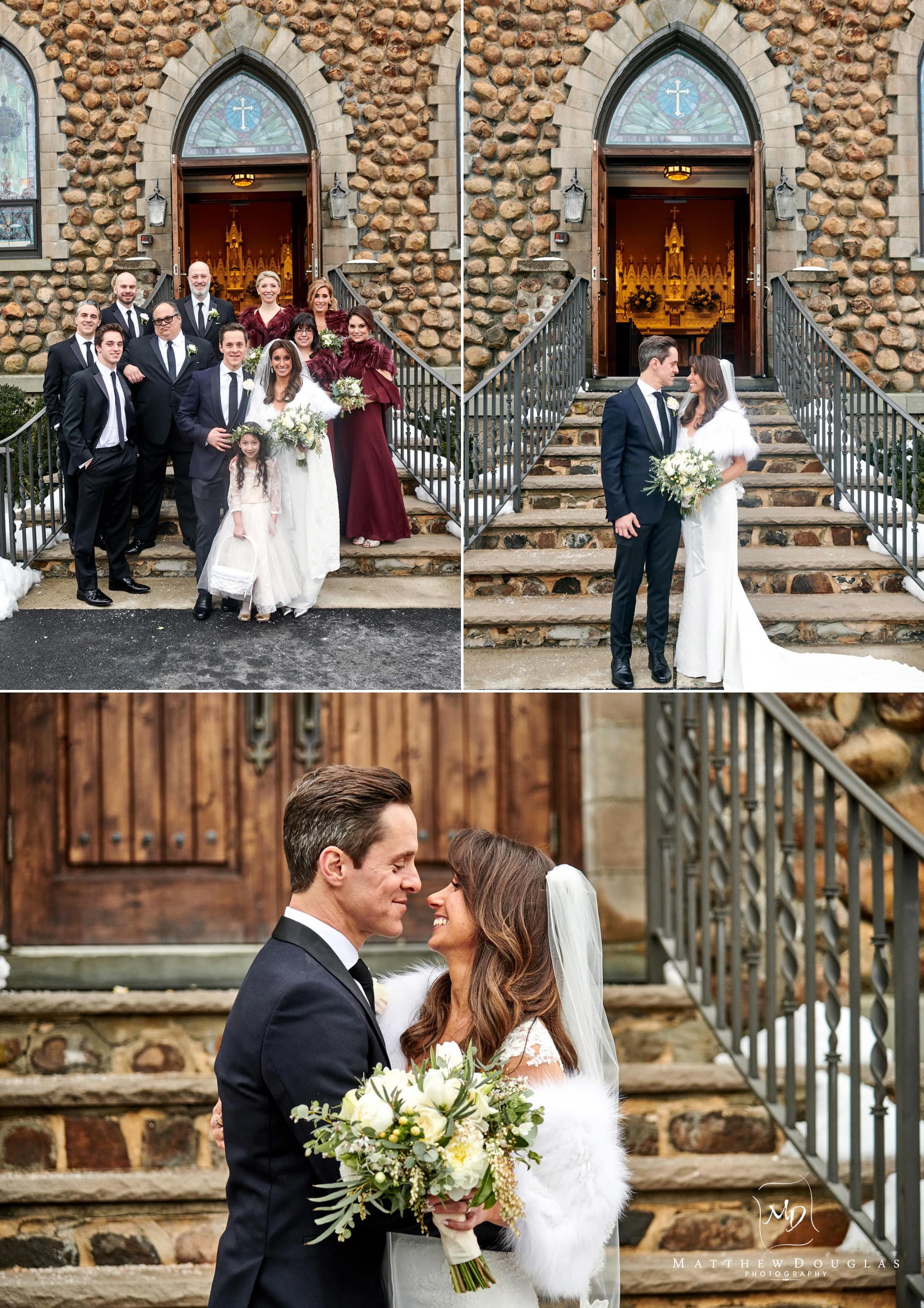 bridal party photos on church steps