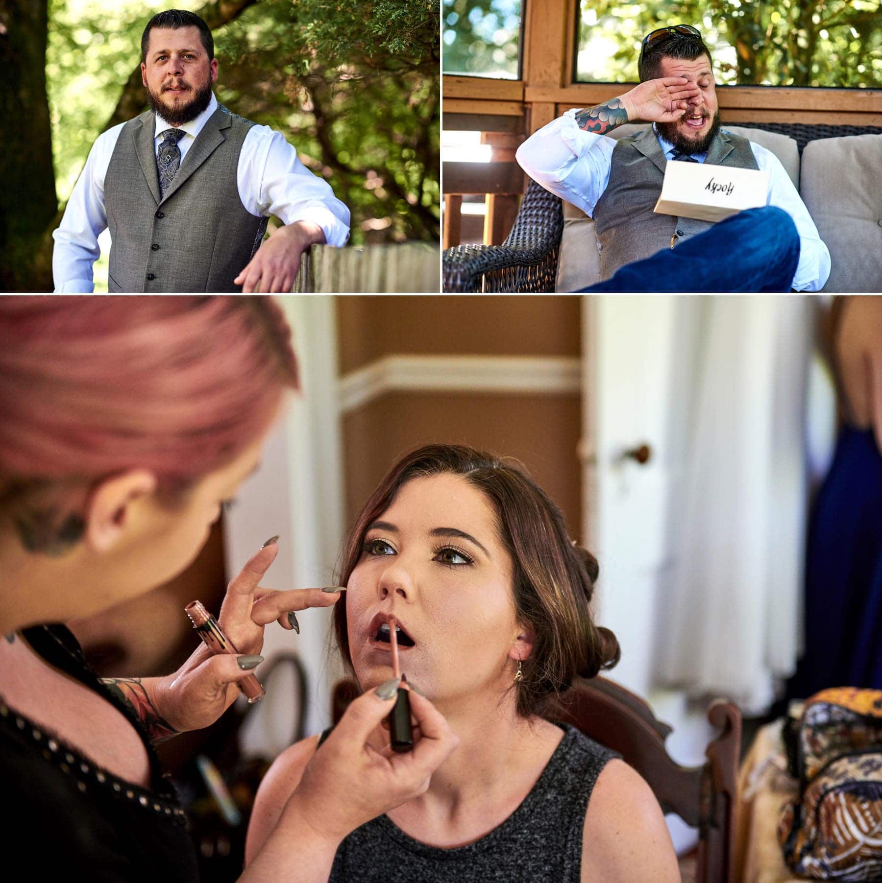 bride and groom getting ready photos for farm wedding