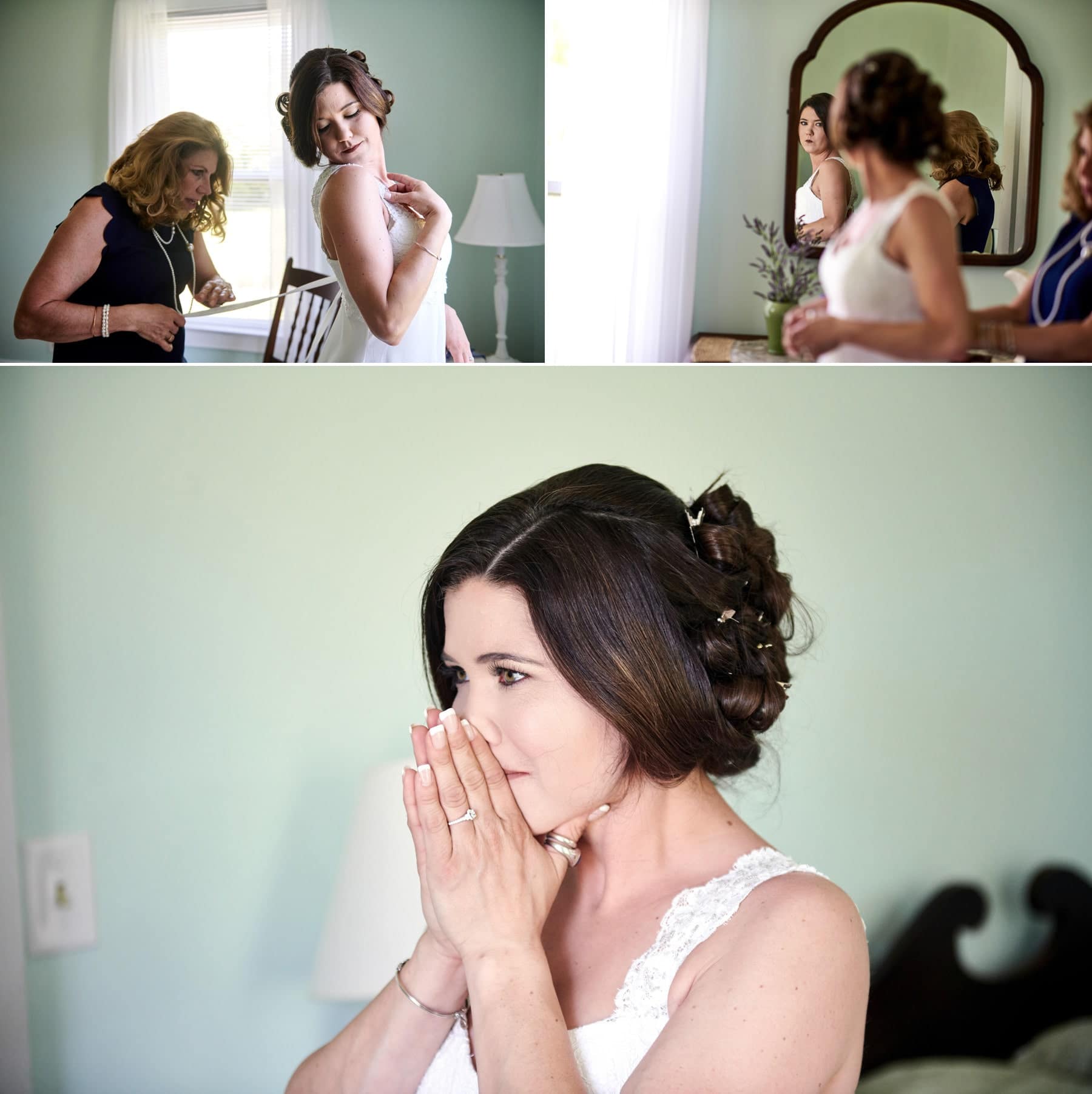bride getting dressed on the family farm