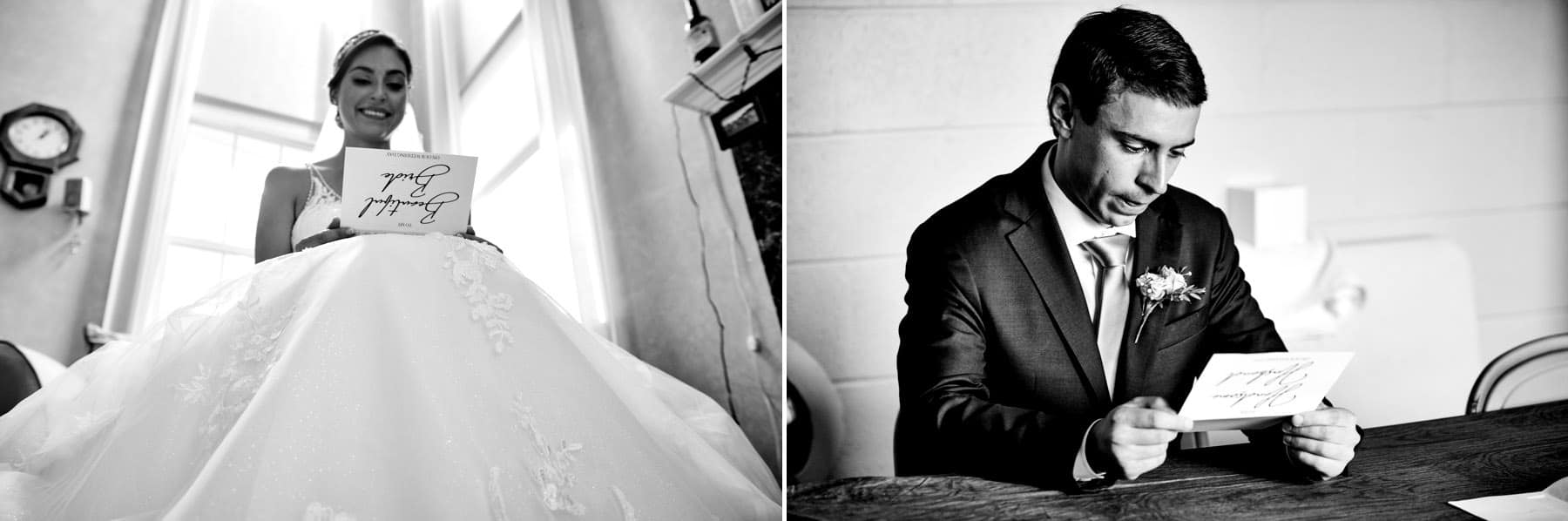 bride and groom reading letters to each other on their wedding day