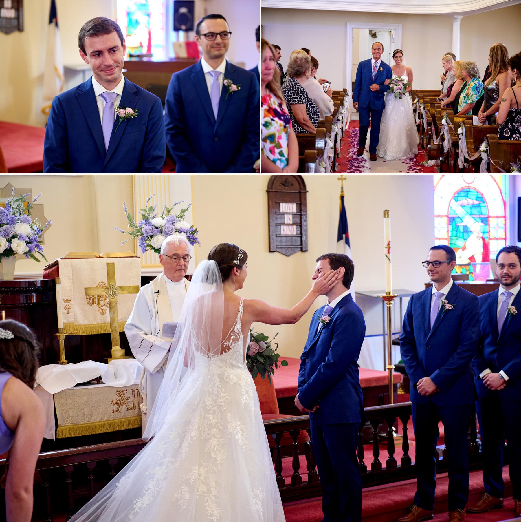groom seeing the bride for the first time at the church