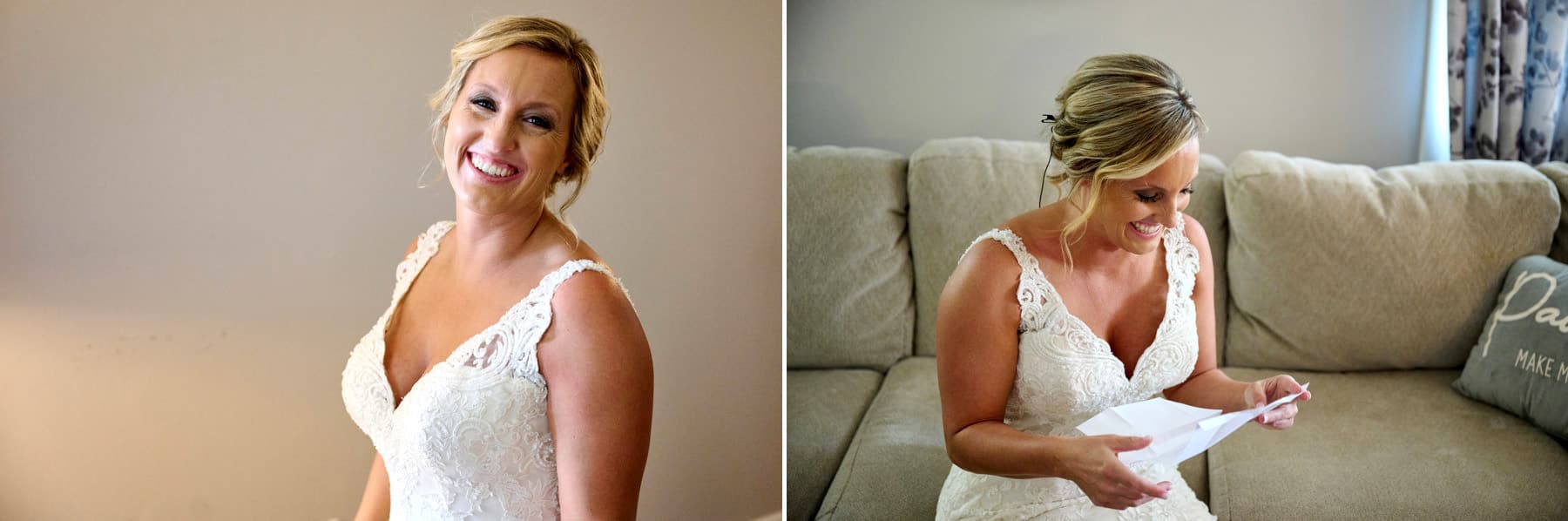 bride reading note from groom on wedding day