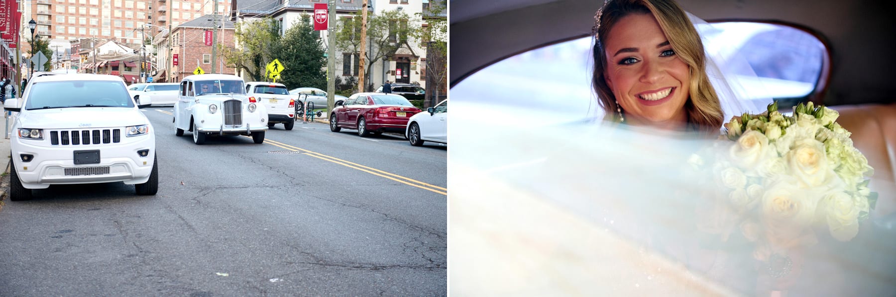 bride arriving at church in classic car wedding photo
