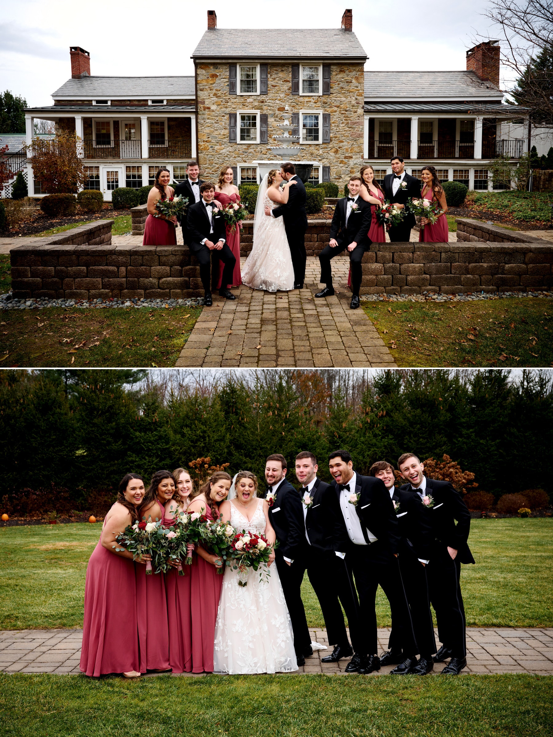 bridal party photos in front of The Farmhouse in Hampton NJ