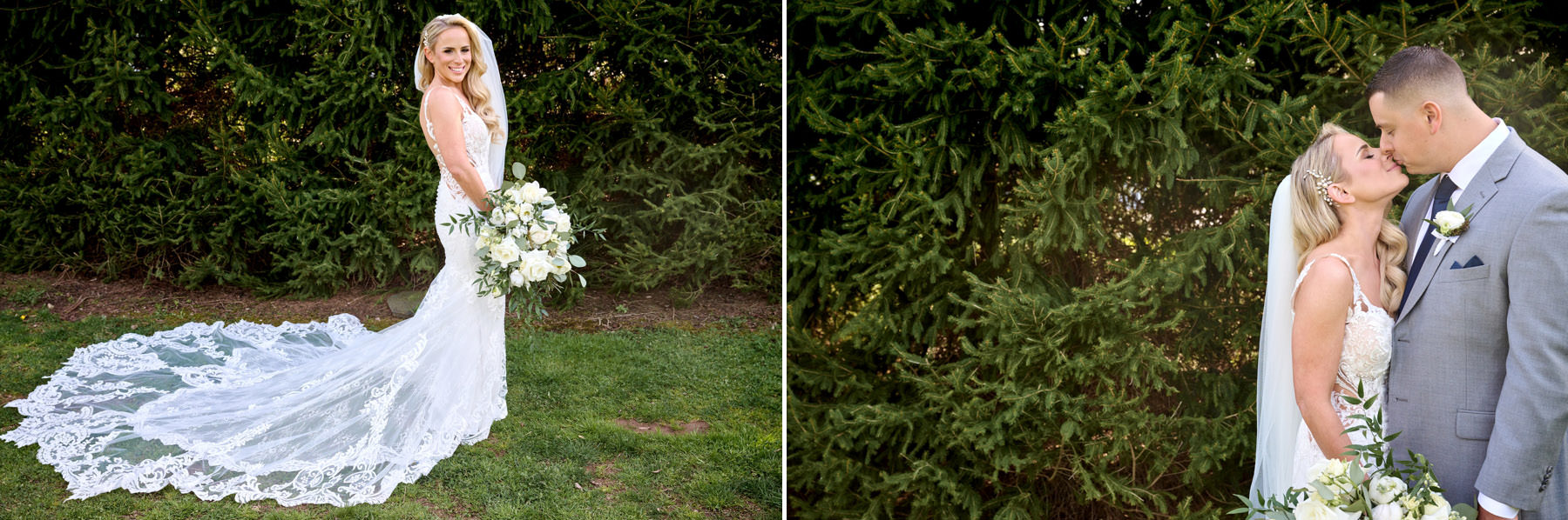 bride and groom in front of dark green trees