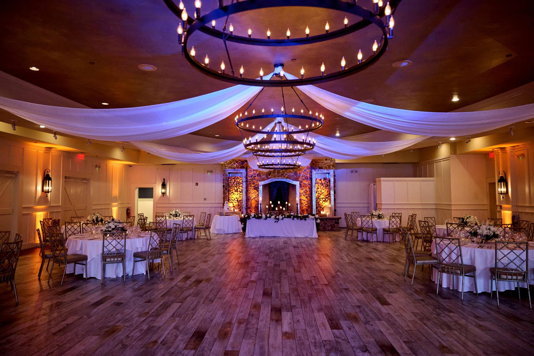 the ballroom of The Farmhouse NJ decorated for a wedding