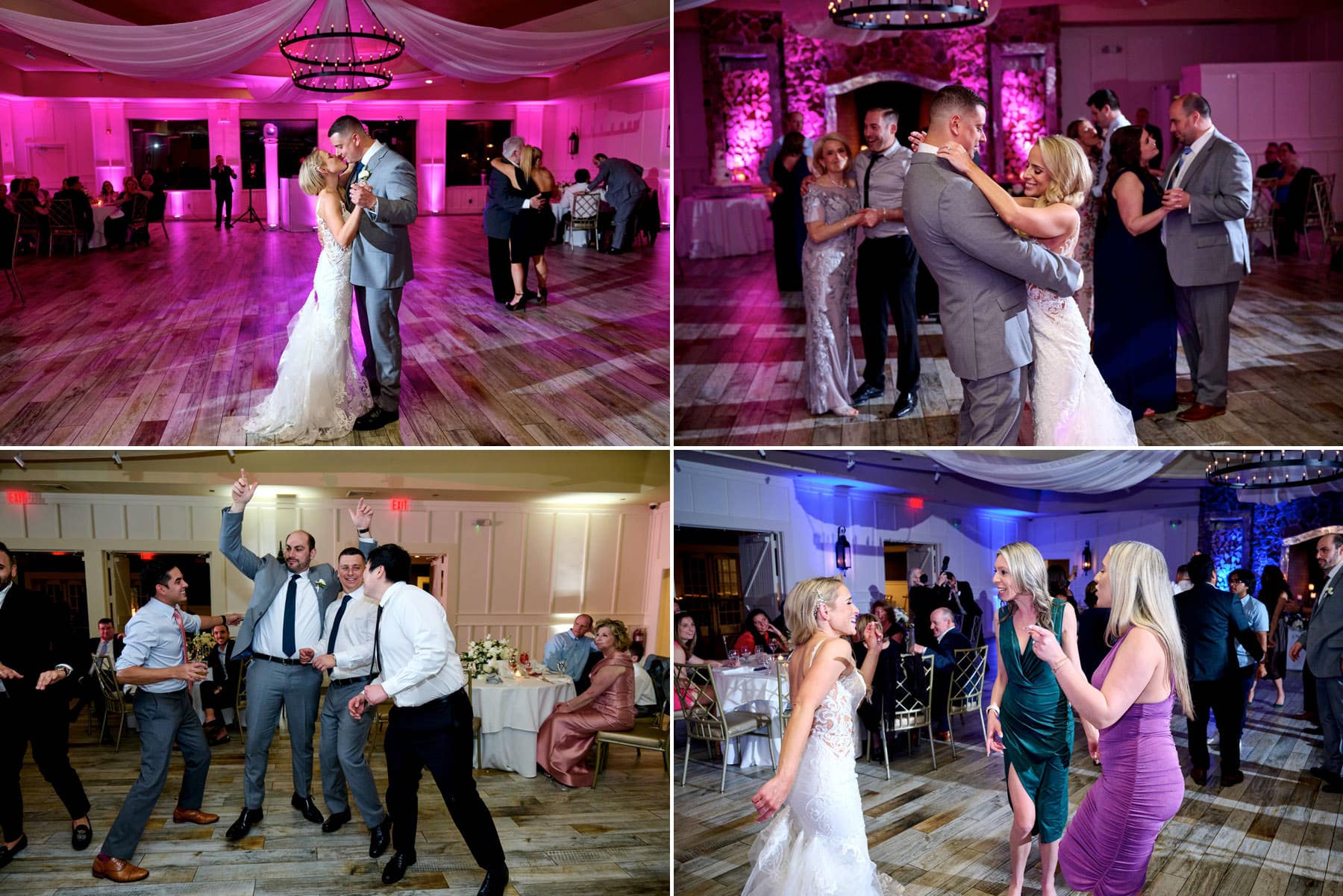 wedding guests dance as the ballroom lighting changes color