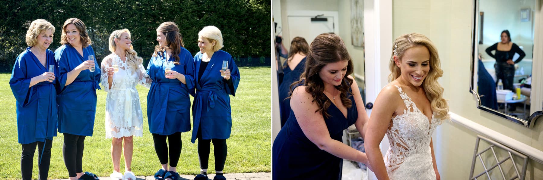 bride and bridal party in robes and bride getting dressed