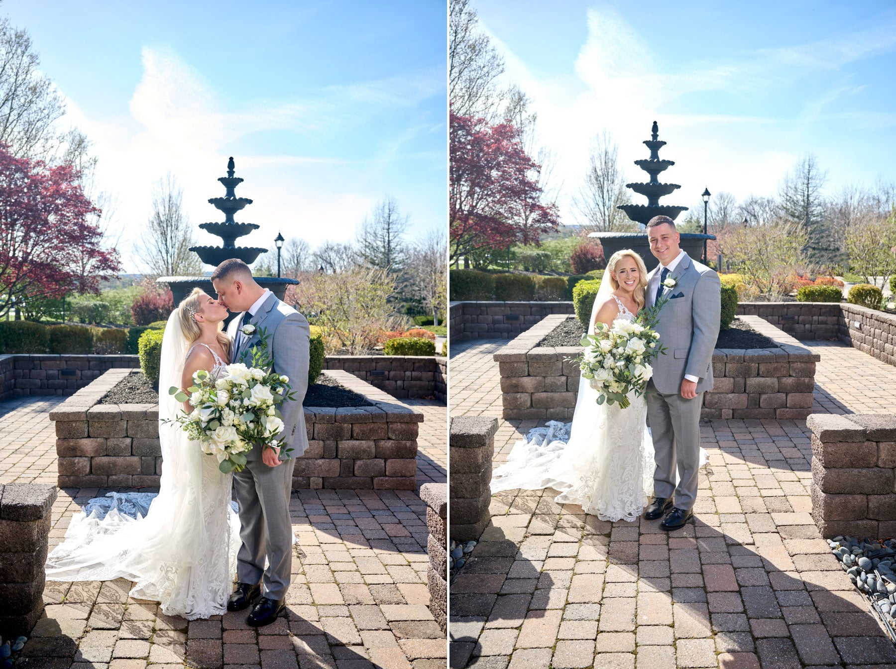 bride and groom in front of the Farmhouse fountain