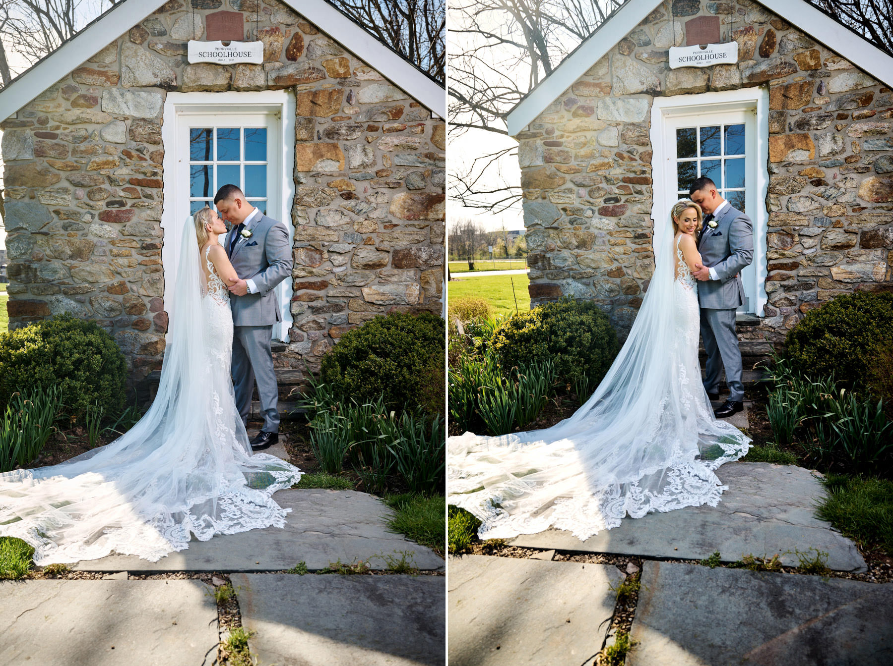 bride and groom posing at the school house at the farmhouse