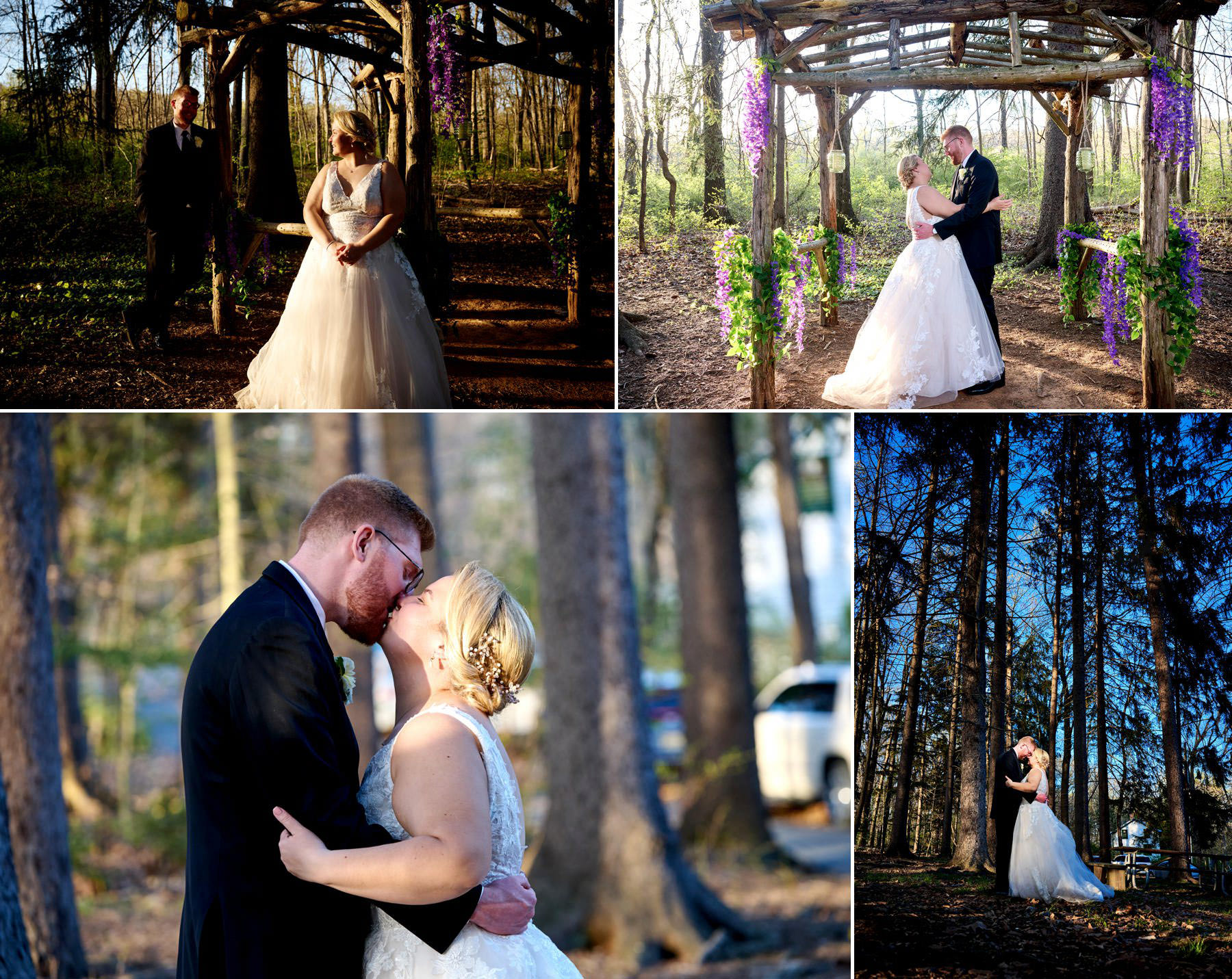 wedding photos in the woods at Maskers Barn