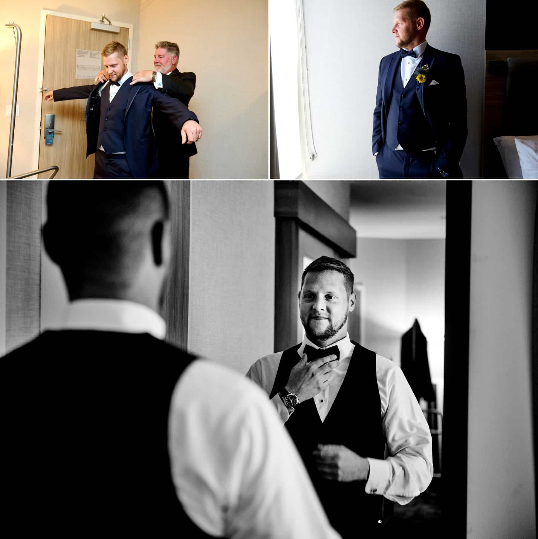 groom getting wedding ready in a hotel room