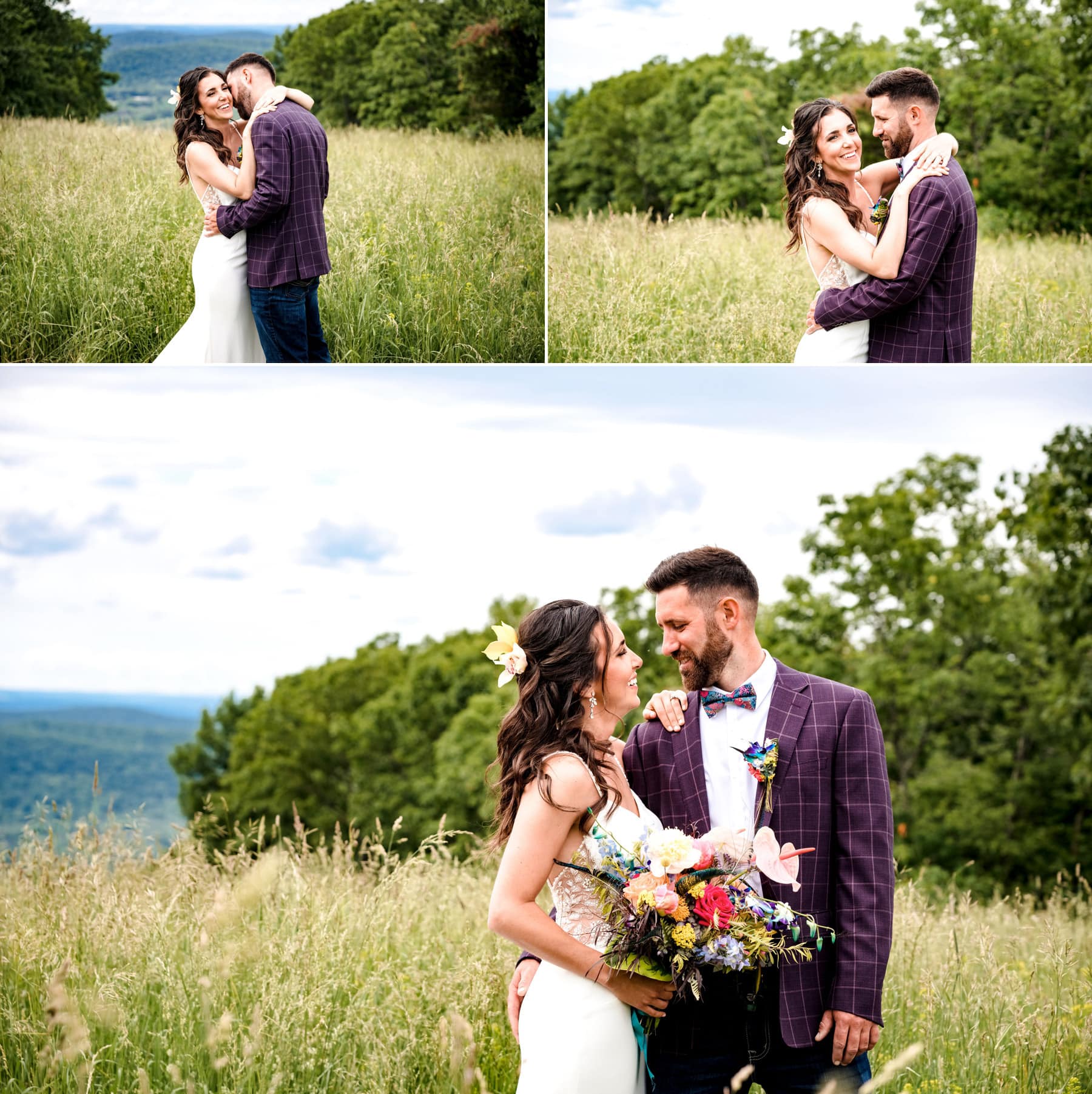bride and groom having fun with their wedding photos at Mountain Creek Resort