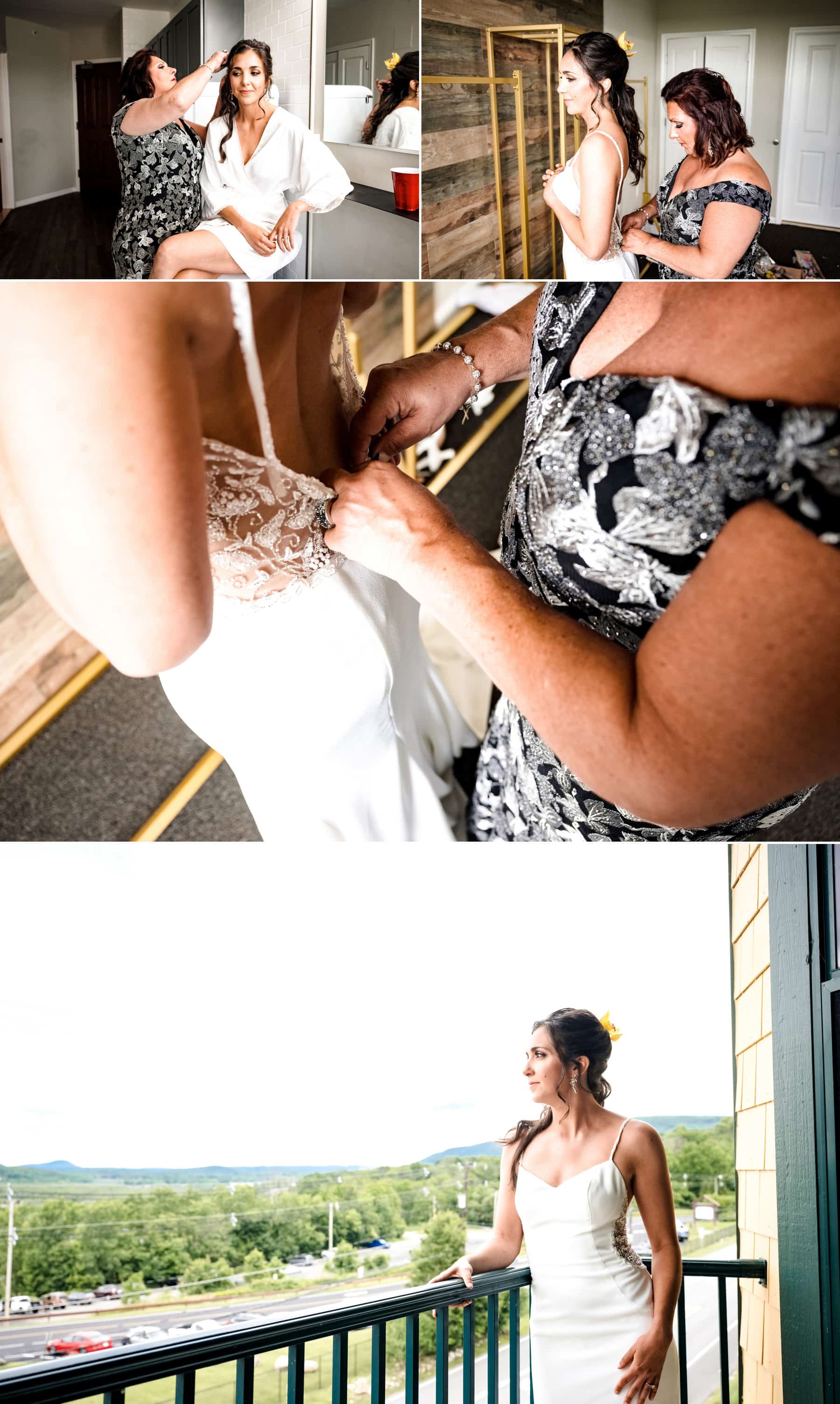 bride getting into her wedding dress at Mountain Creek Resort