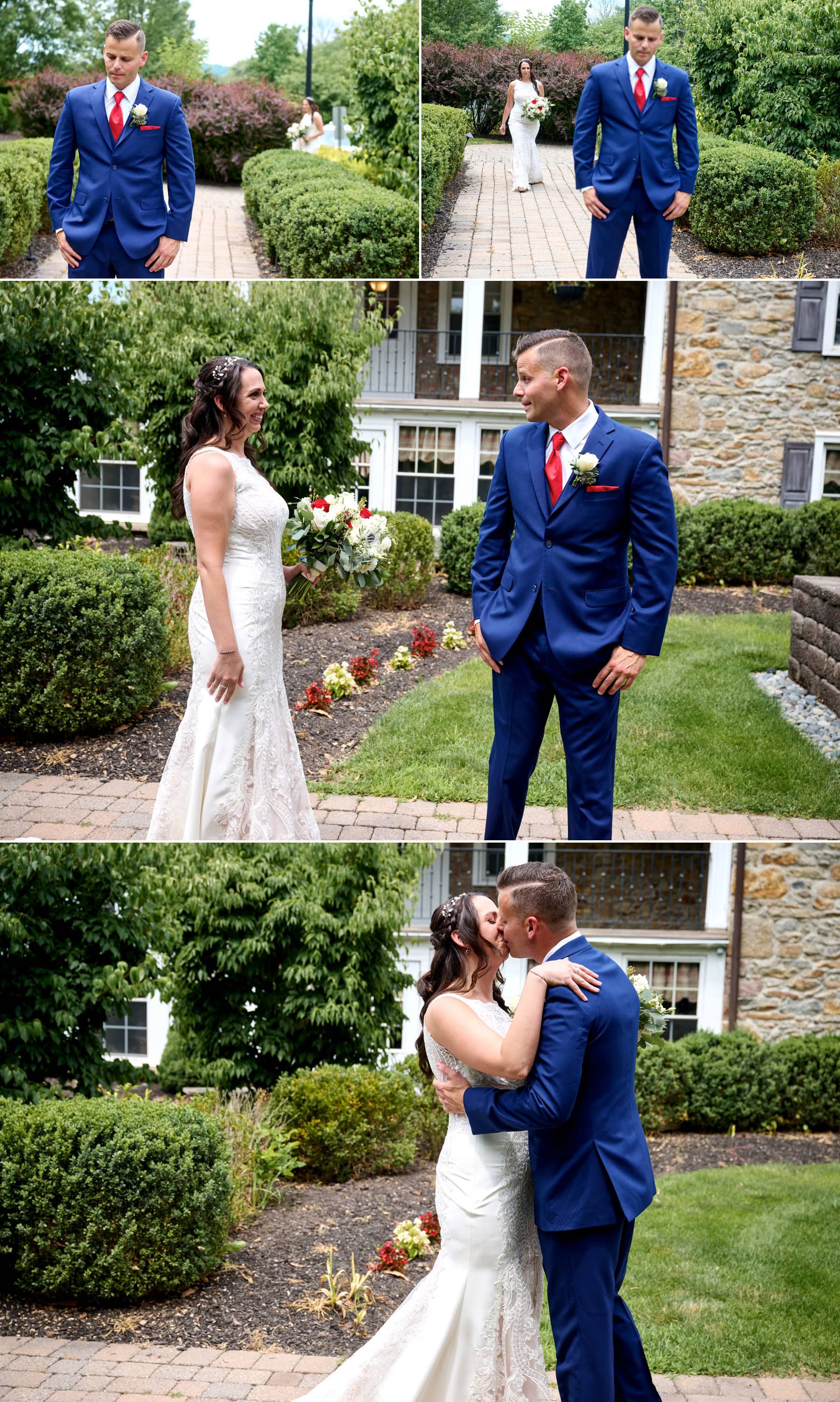 wedding first look by the fountain at The Farmhouse