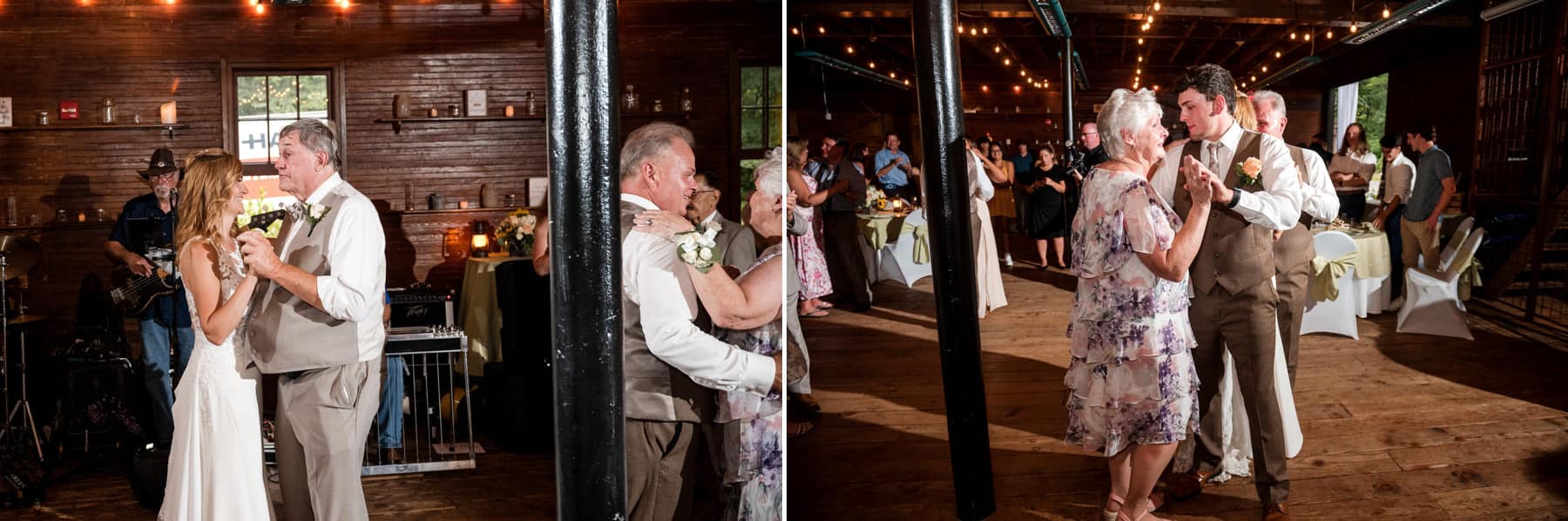 parent dances inside the barn at Maskers Barn