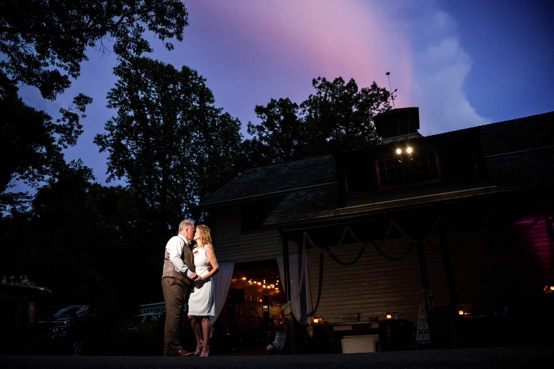 sunset wedding photo at Maskers Barn