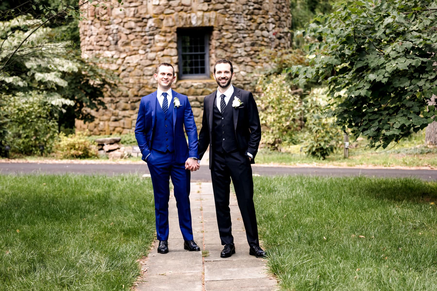 2 grooms at Cross Estate Gardens