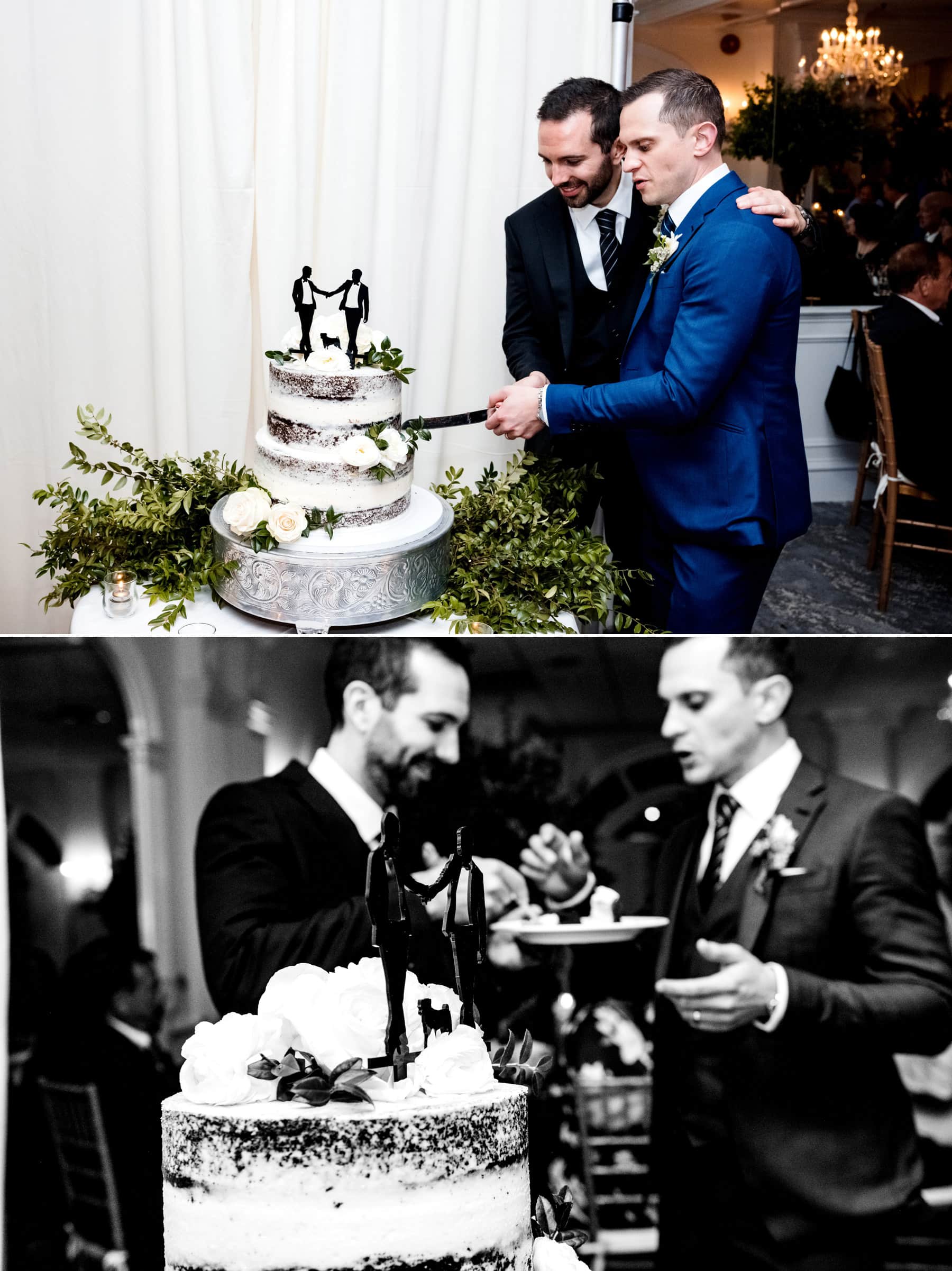 two grooms cutting their wedding cake at The Bernards Inn