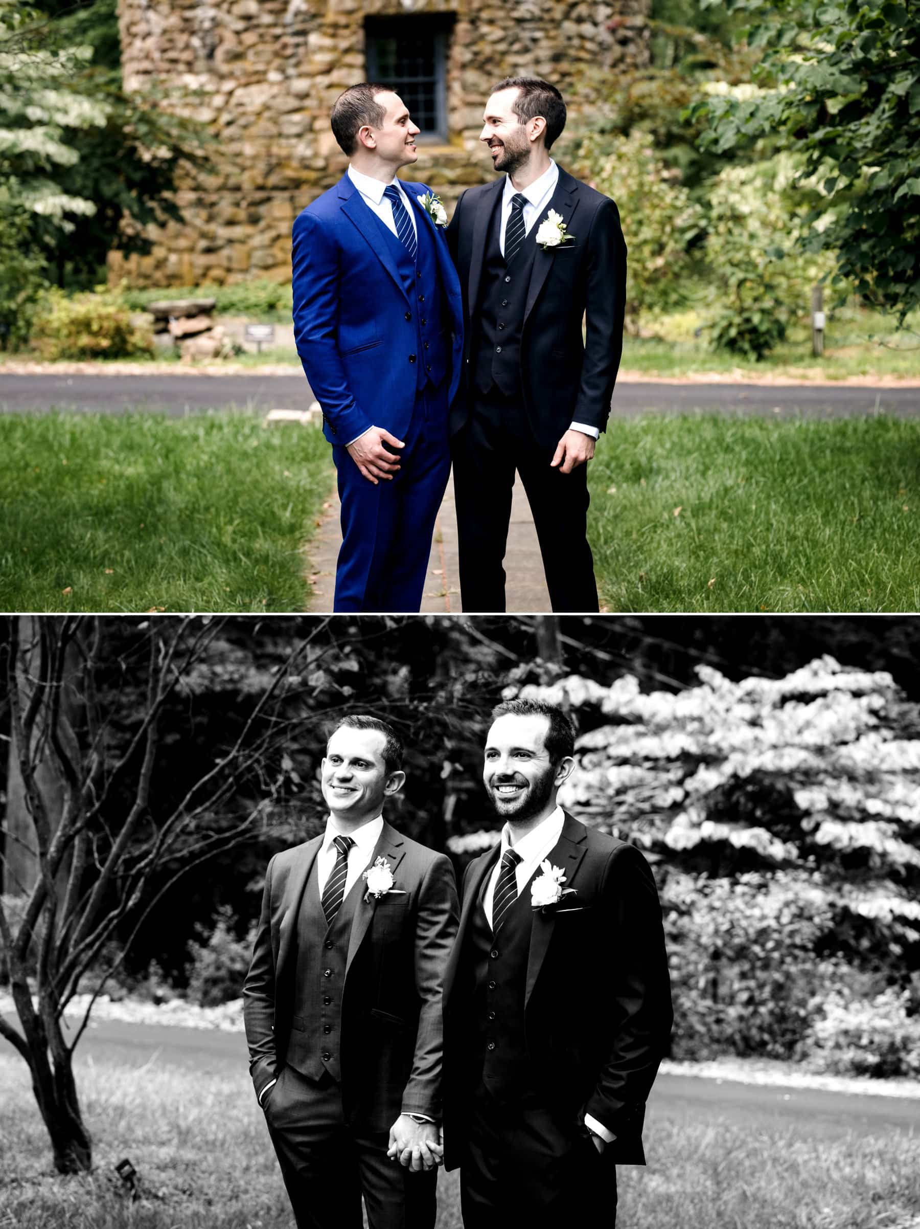 grooms on their wedding day at Cross Estate Gardens