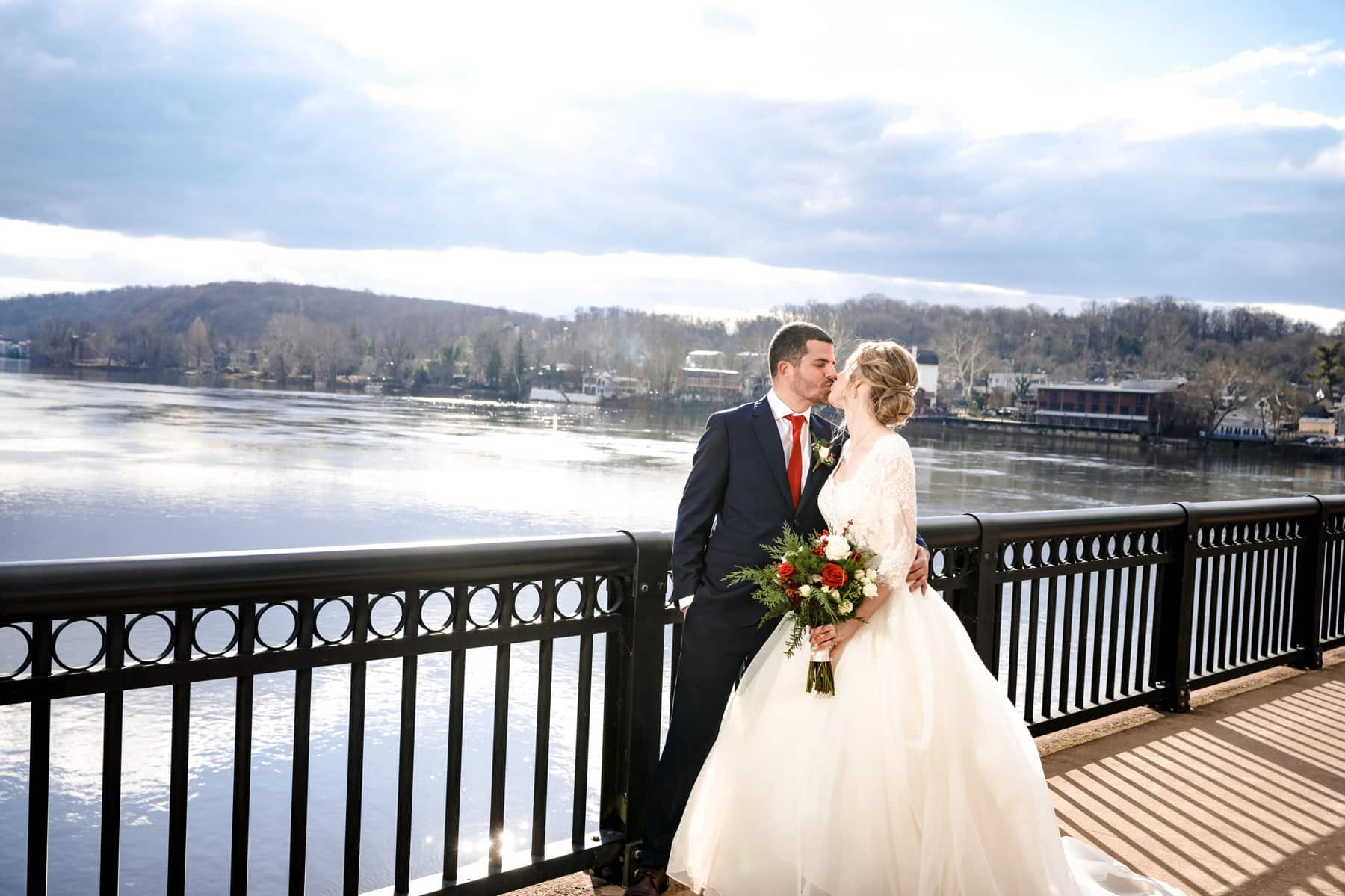 Bride and groom on the bridge in Lambertville NJ