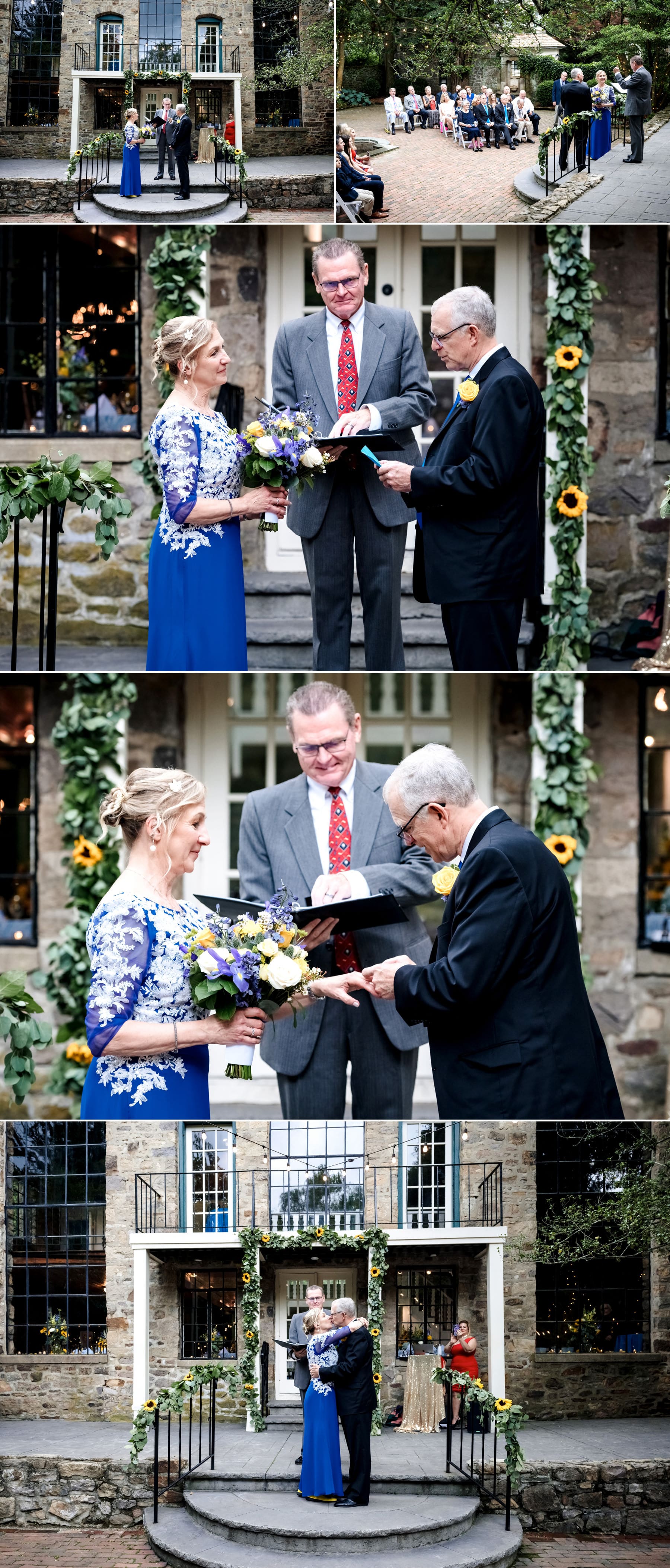 wedding ceremony in the courtyard at Holly Hedge Estate