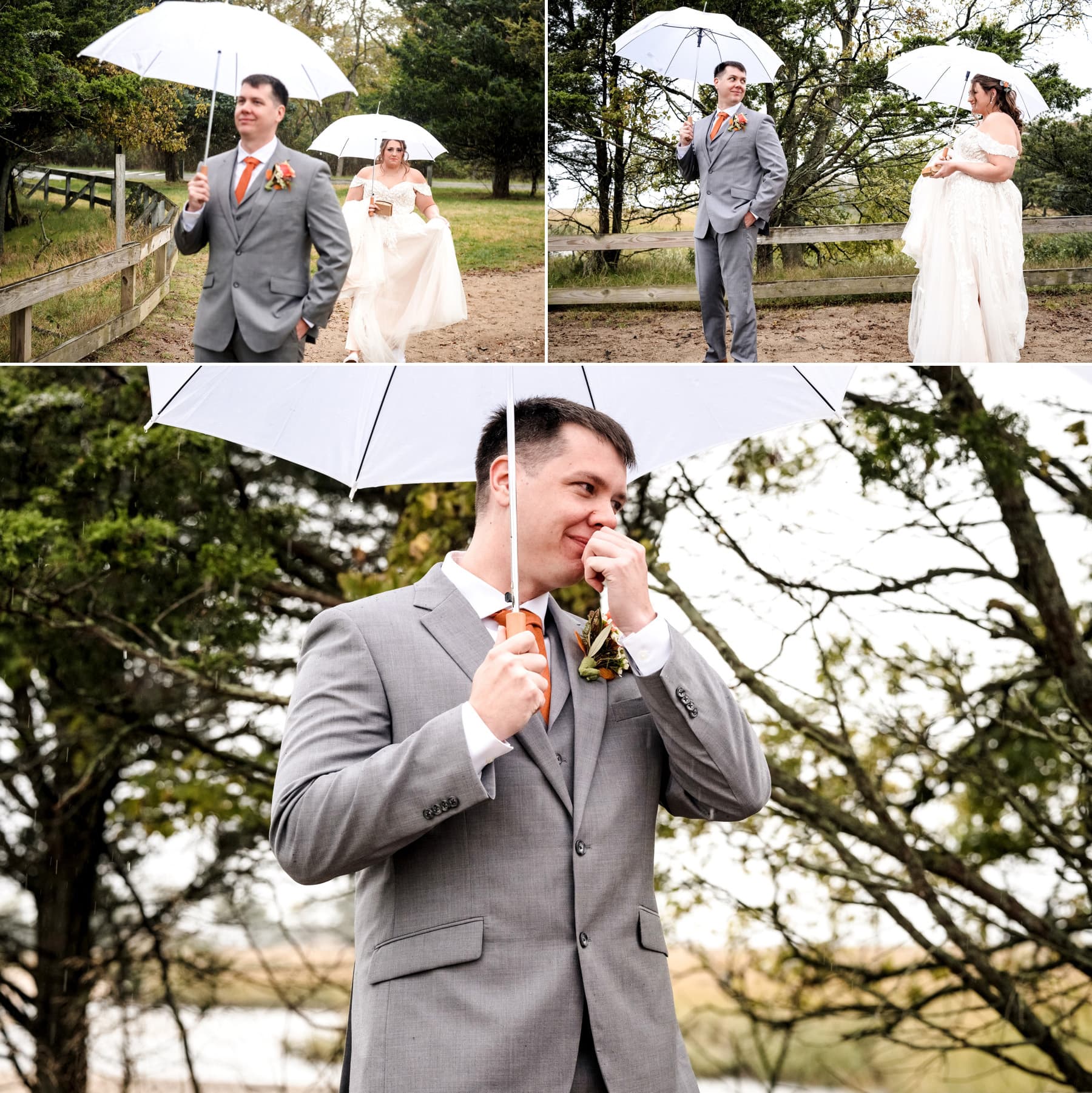 rainy day wedding first look