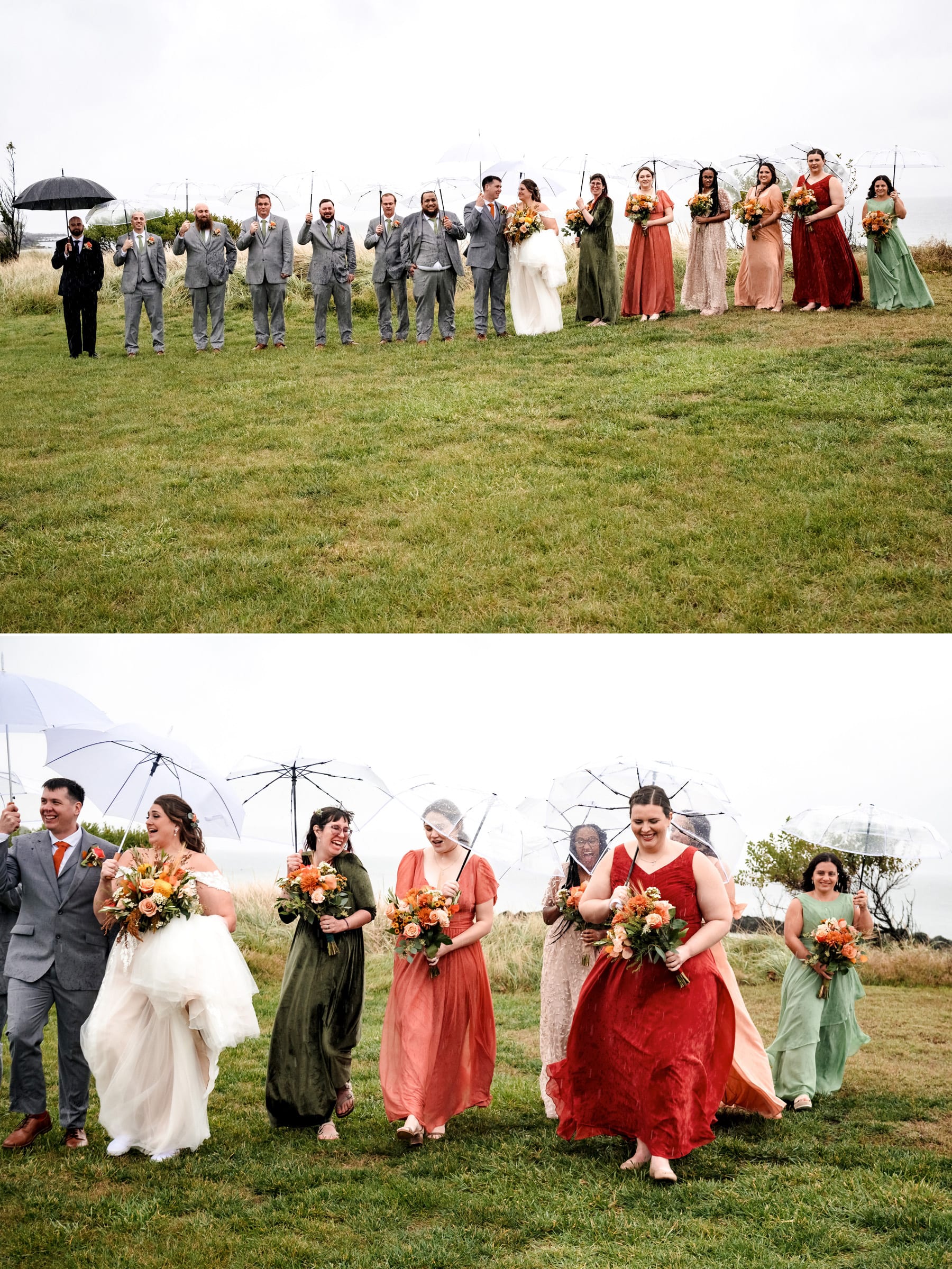 rainy day wedding party photos at Sandy Hook Chapel