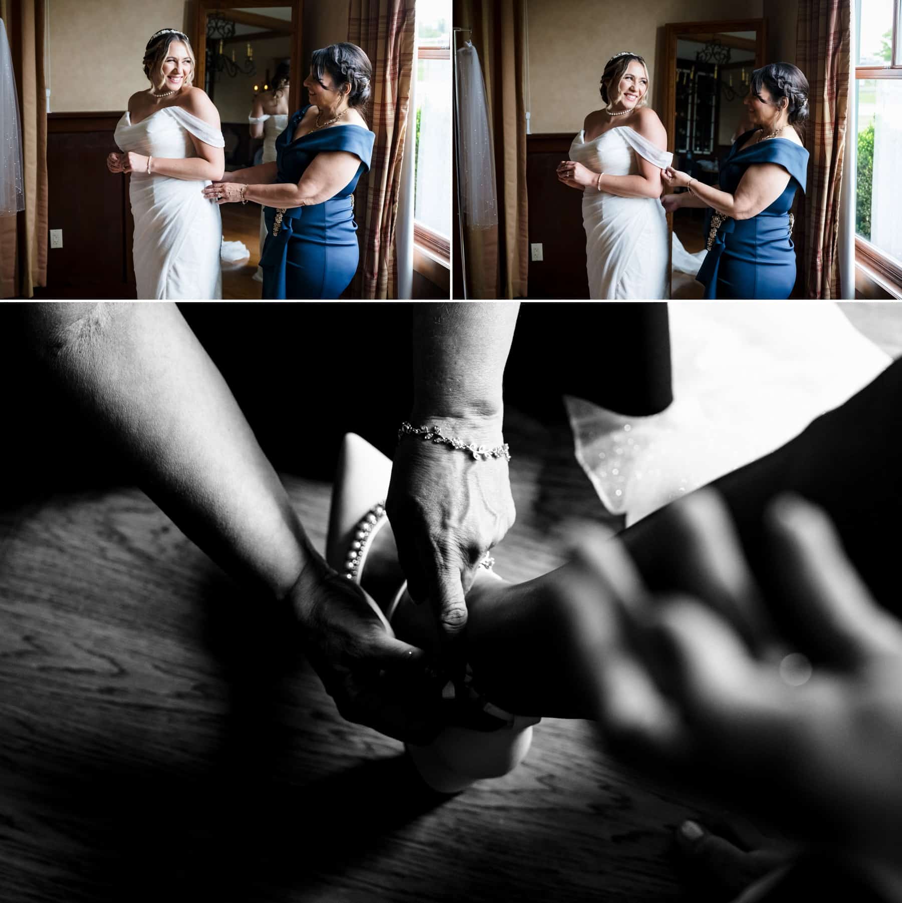 bride getting dressed at Hawk Pointe